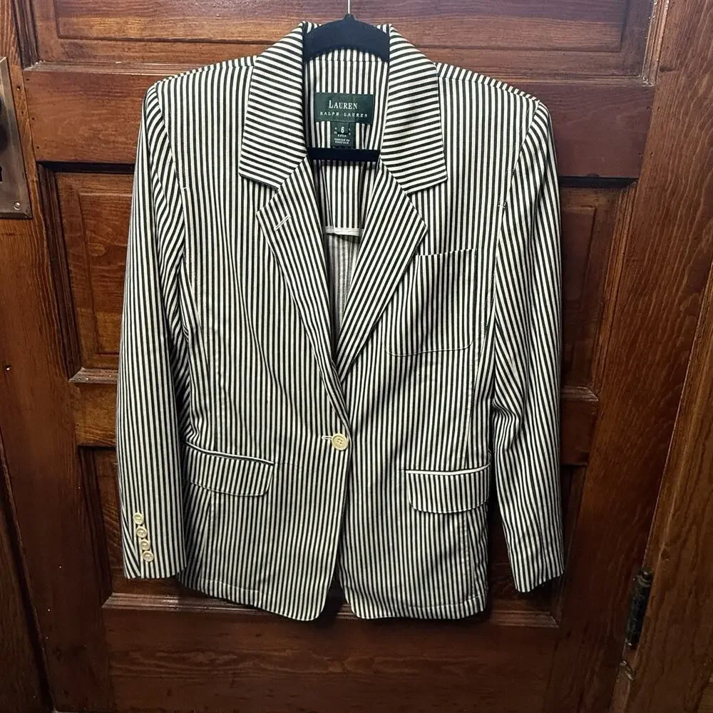 Vintage Lauren Ralph Lauren Women's Blazer Size 6 White Navy Pinstripe Made USA - Picture 1 of 6